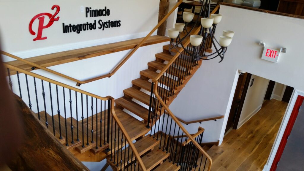 Rustic modern staircase with thick treads and hammered iron balusters: White oak treads with open risers, photo 6 of 10