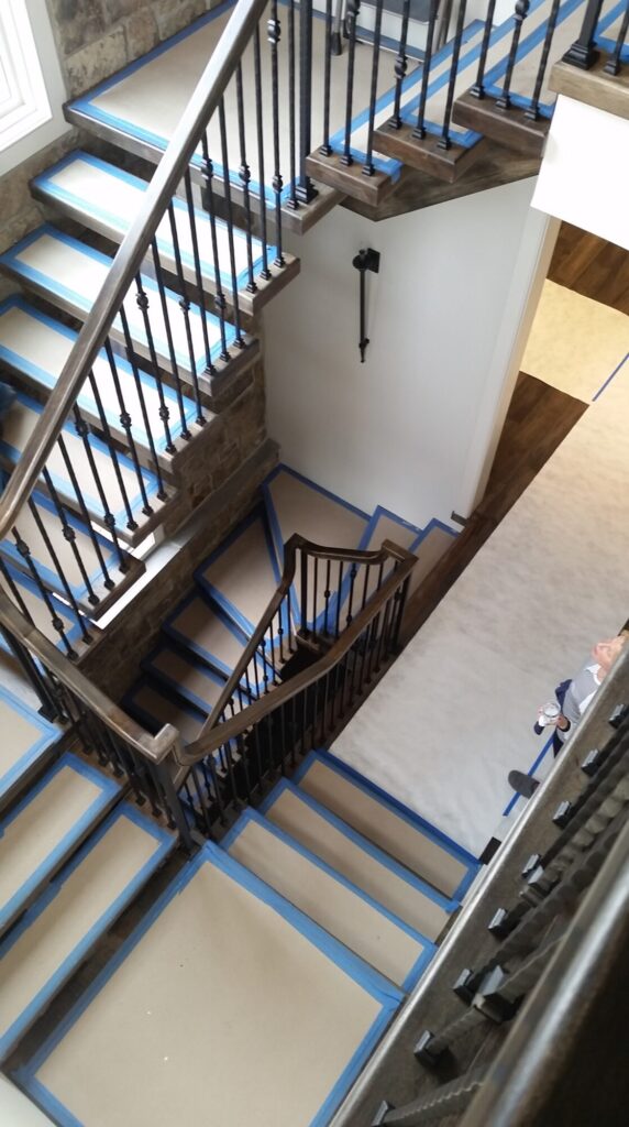 Solid hickory center stringer stair with hammered iron balusters. Carversville PA, photo 6 of 9