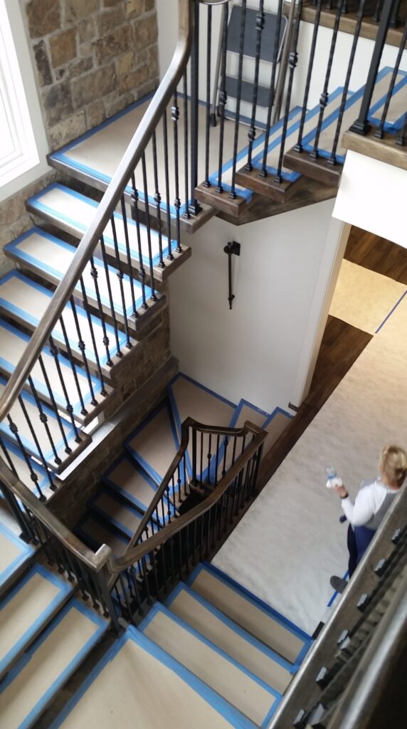 Solid hickory center stringer stair with hammered iron balusters. Carversville PA, photo 7 of 9