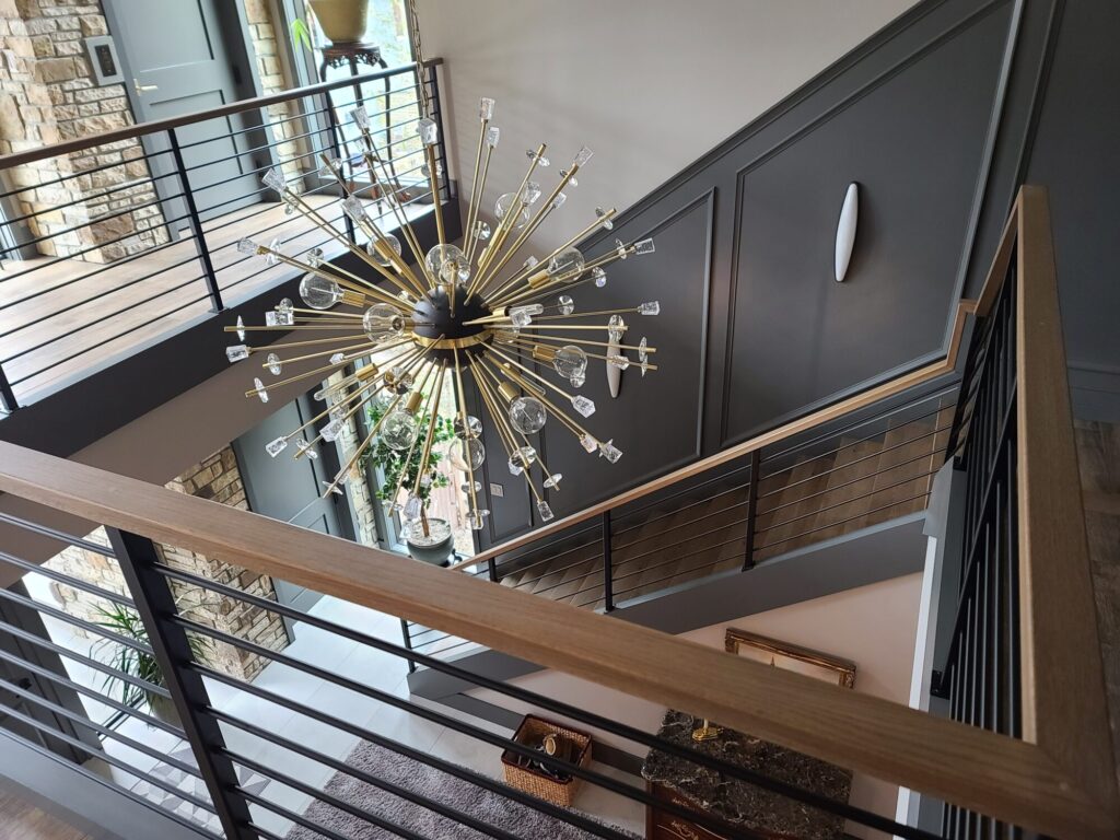 Horizontal design in New Hope, PA: Modern wood top rail with round powder coated metal horizontal bar infill, photo 2 of 6