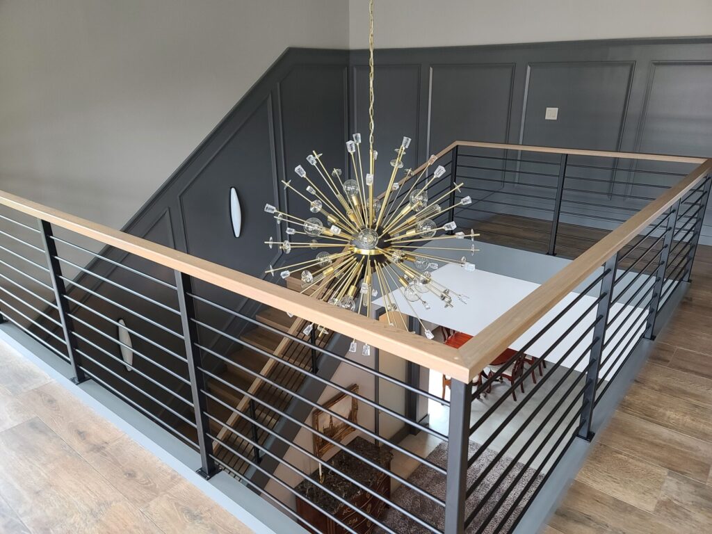 Horizontal design in New Hope, PA: Modern wood top rail with round powder coated metal horizontal bar infill, photo 3 of 6