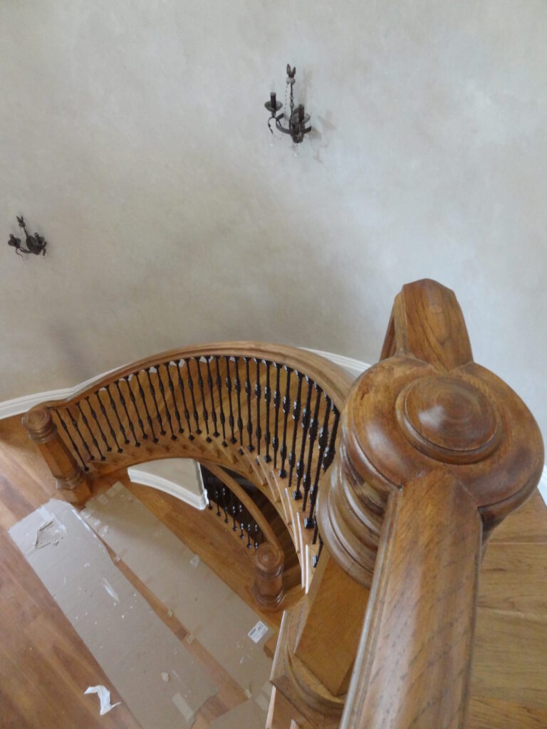 Mirroring curved staircase with iron balusters custom made hexagonal box newel: Solid hickory treads, risers and handrail, photo 2 of 15