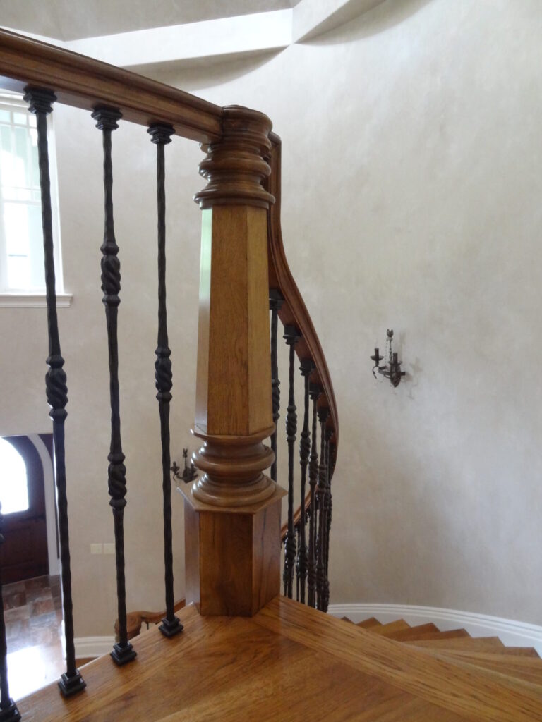 Mirroring curved staircase with iron balusters custom made hexagonal box newel: Solid hickory treads, risers and handrail, photo 3 of 15