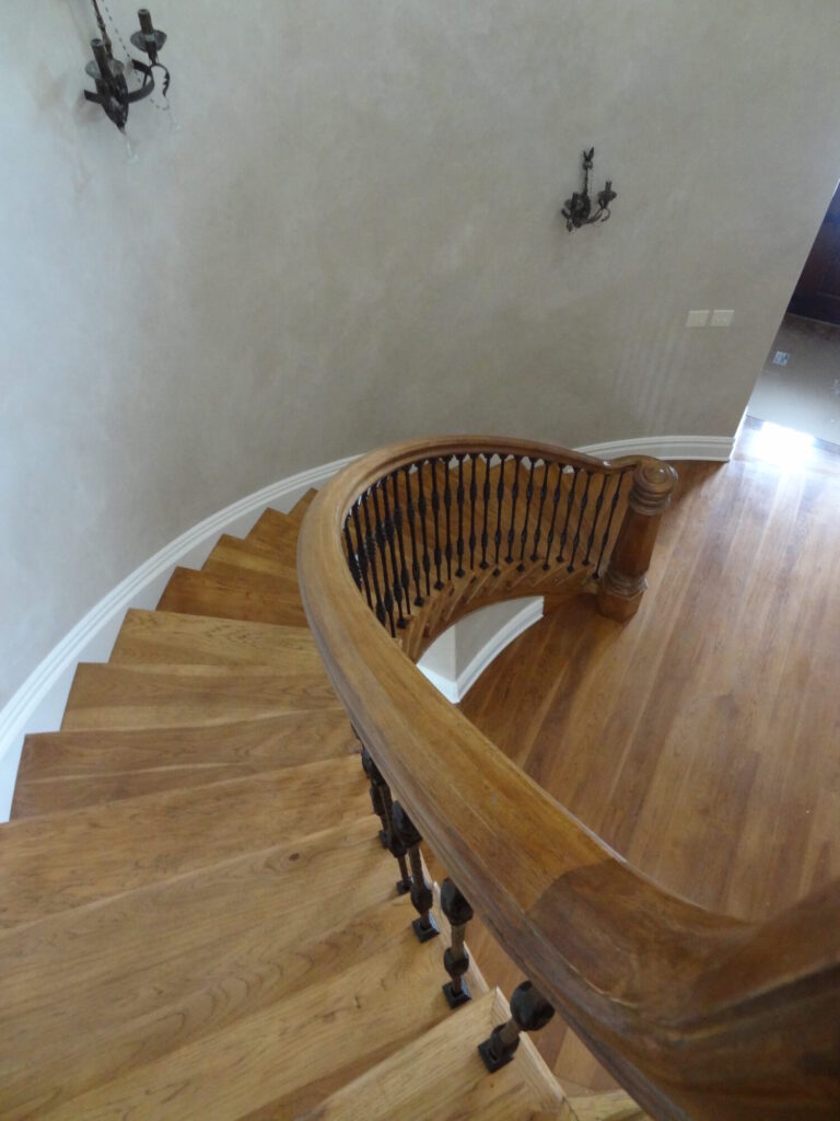 Mirroring curved staircase with iron balusters custom made hexagonal box newel: Solid hickory treads, risers and handrail, photo 4 of 15