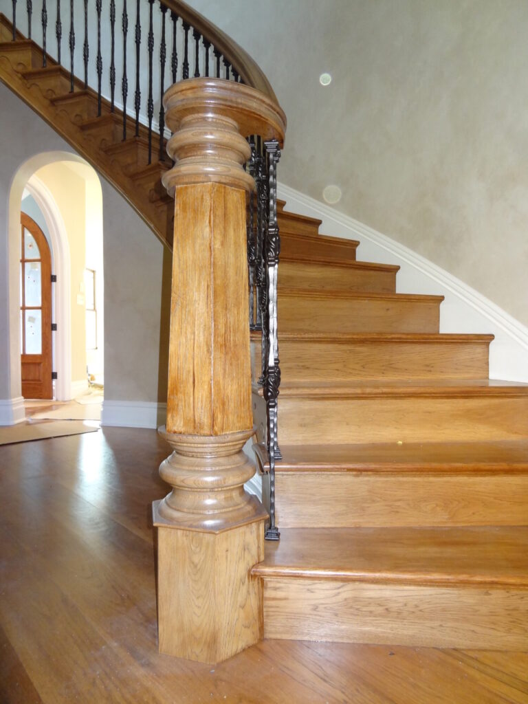 Mirroring curved staircase with iron balusters custom made hexagonal box newel: Solid hickory treads, risers and handrail, photo 7 of 15