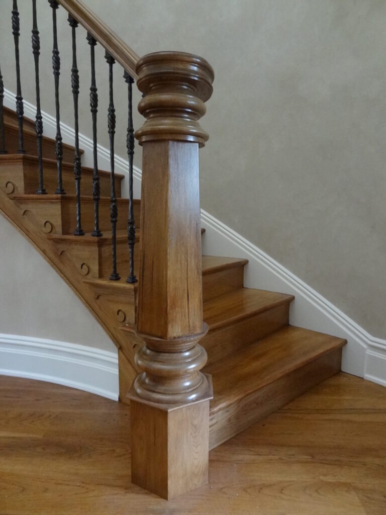 Mirroring curved staircase with iron balusters custom made hexagonal box newel: Solid hickory treads, risers and handrail, photo 8 of 15