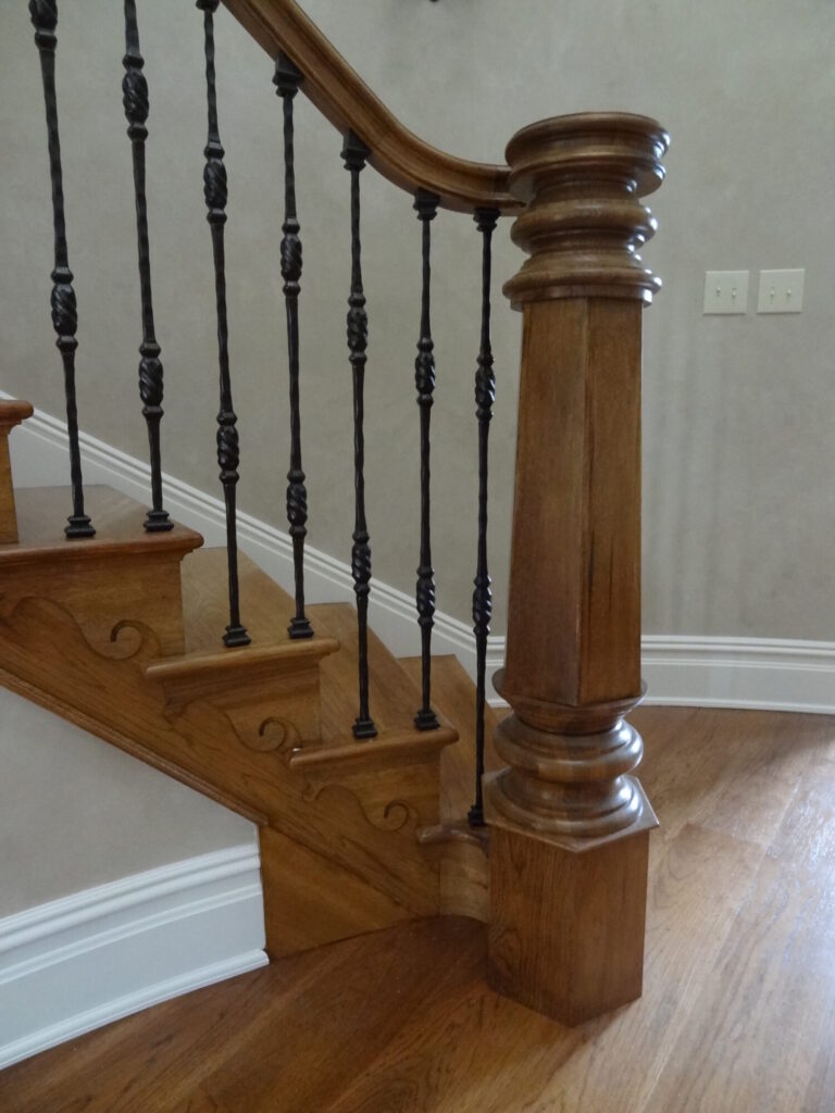 Mirroring curved staircase with iron balusters custom made hexagonal box newel: Solid hickory treads, risers and handrail, photo 9 of 15