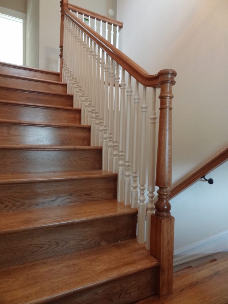 Mirroring curved staircase with iron balusters custom made hexagonal box newel: Solid hickory treads, risers and handrail, photo 13 of 15