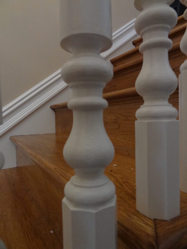 Mirroring curved staircase with iron balusters custom made hexagonal box newel: Solid hickory treads, risers and handrail, photo 14 of 15